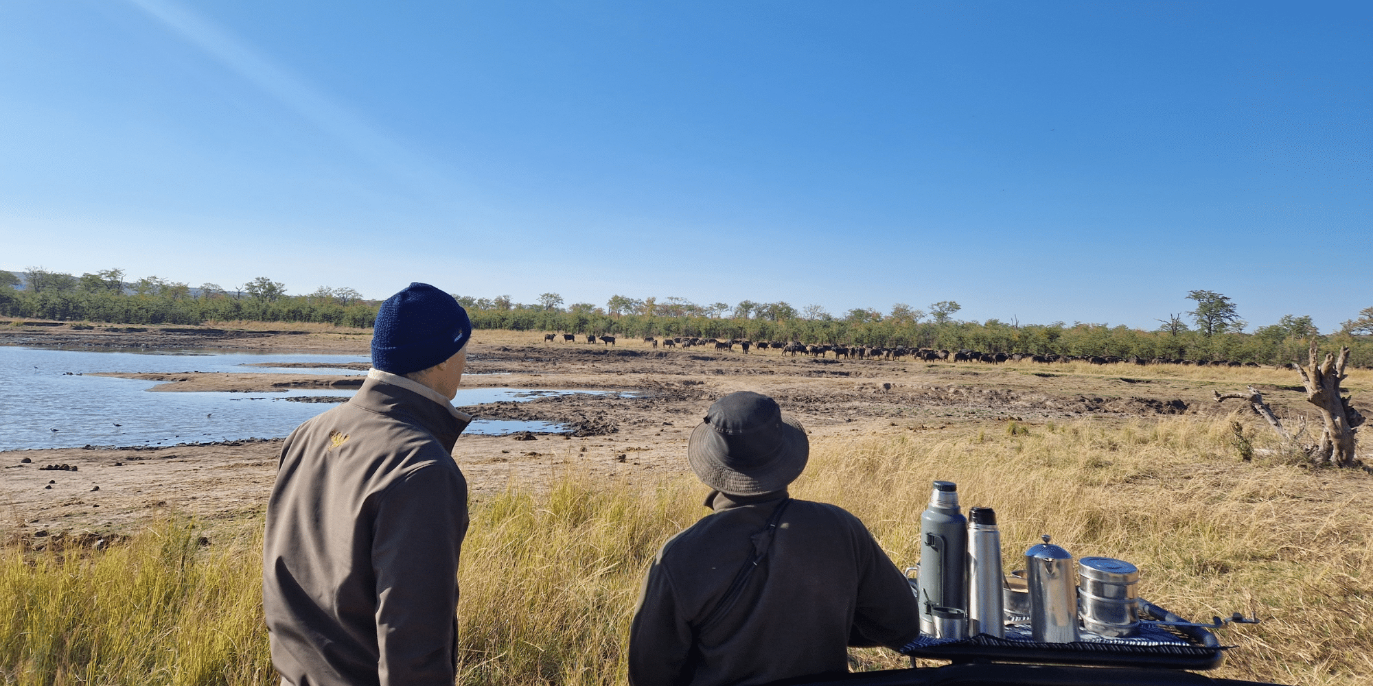 Gids en gast tijdens een pauze in Hwange National Park in Zimbabwe met wilde dieren op de achtergrond.